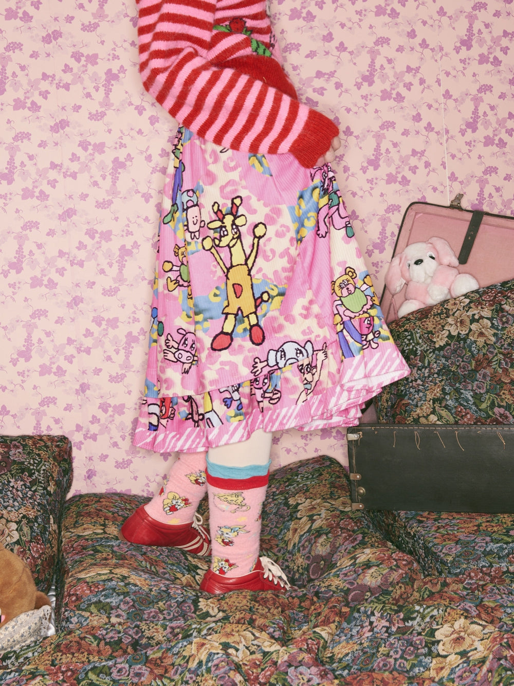 Pink Cartoon Print Ruffle Skirt