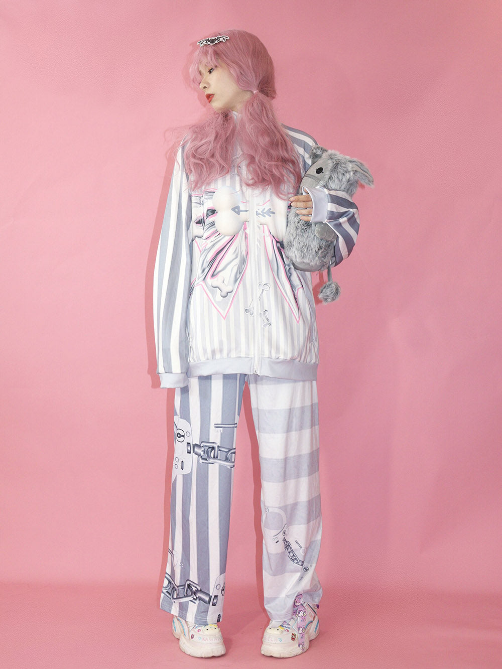 Grey Striped Bow Print Zip Jacket