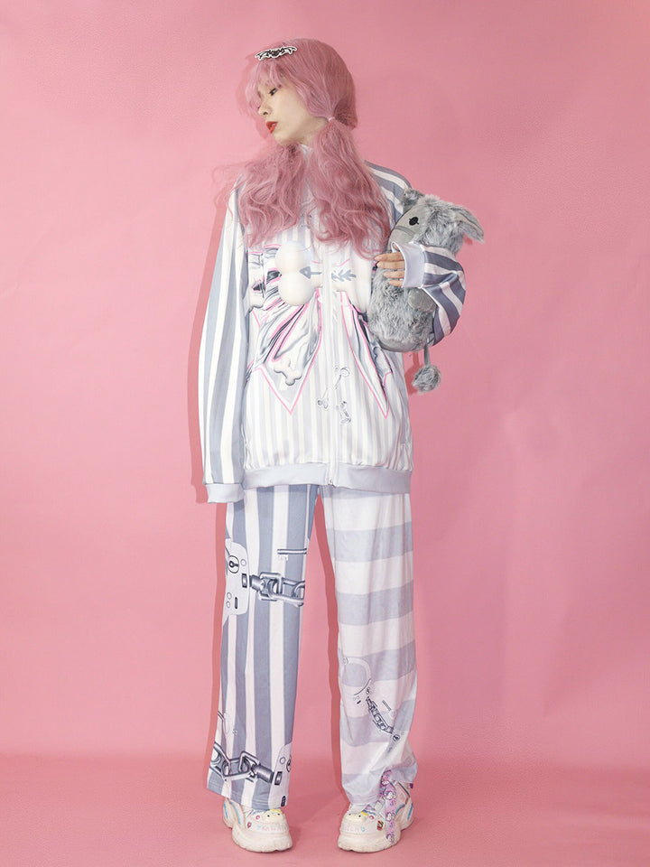 Grey Striped Bow Print Zip Jacket