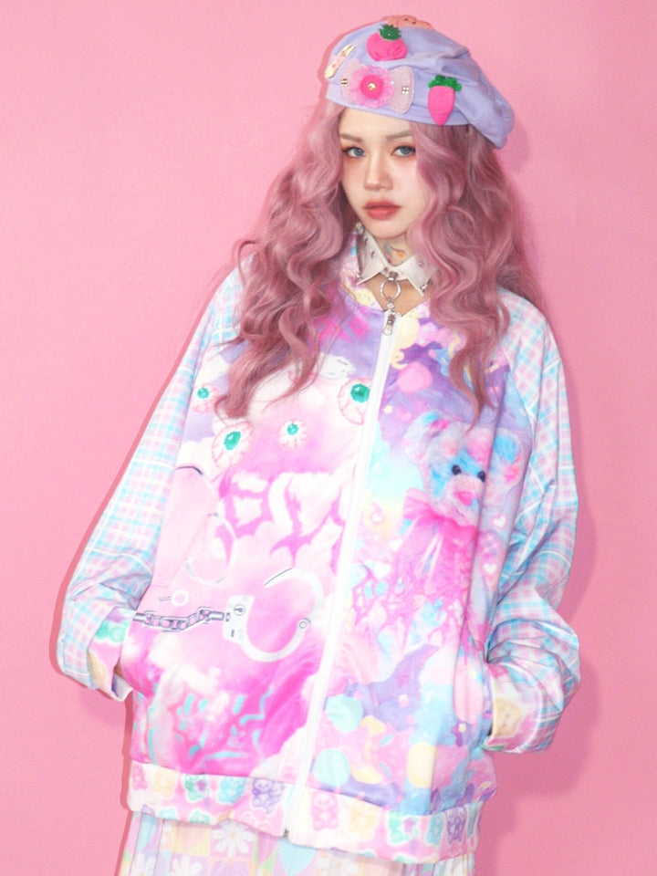 Pastel Teddy Bear Print Zip Jacket