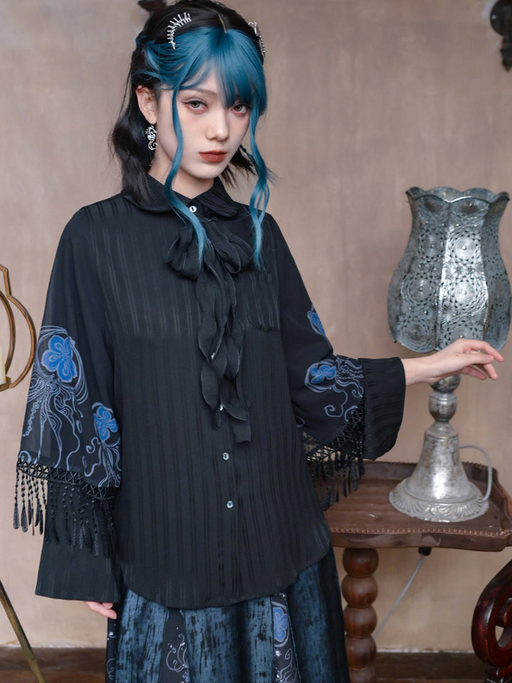 Blue Tears' Black Sweet-Cool Style Shirt with Double-Layer Sleeves