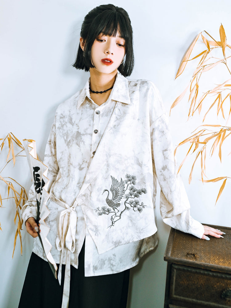 Chinese-style asymmetrical patchwork and embroidery shirt