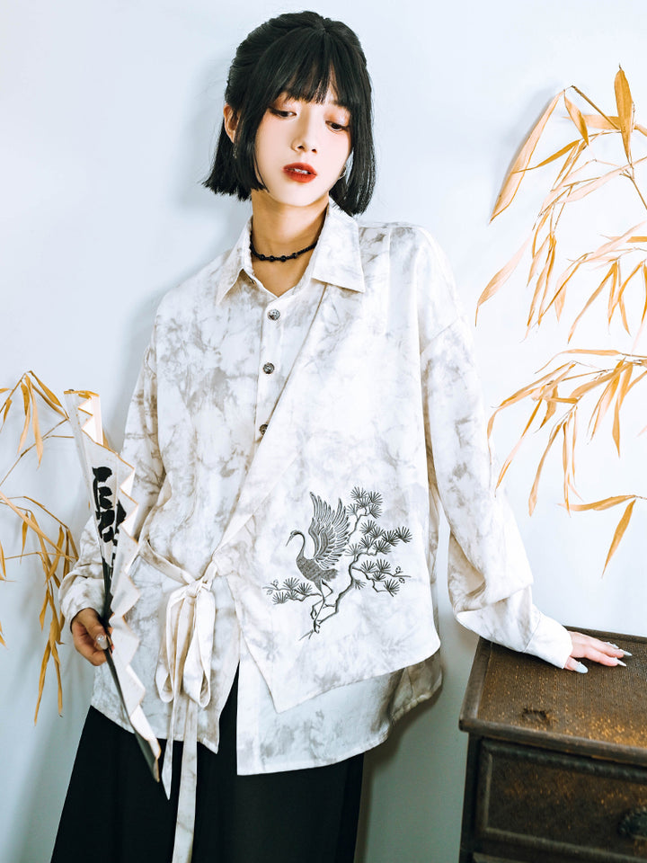 Chinese-style asymmetrical patchwork and embroidery shirt