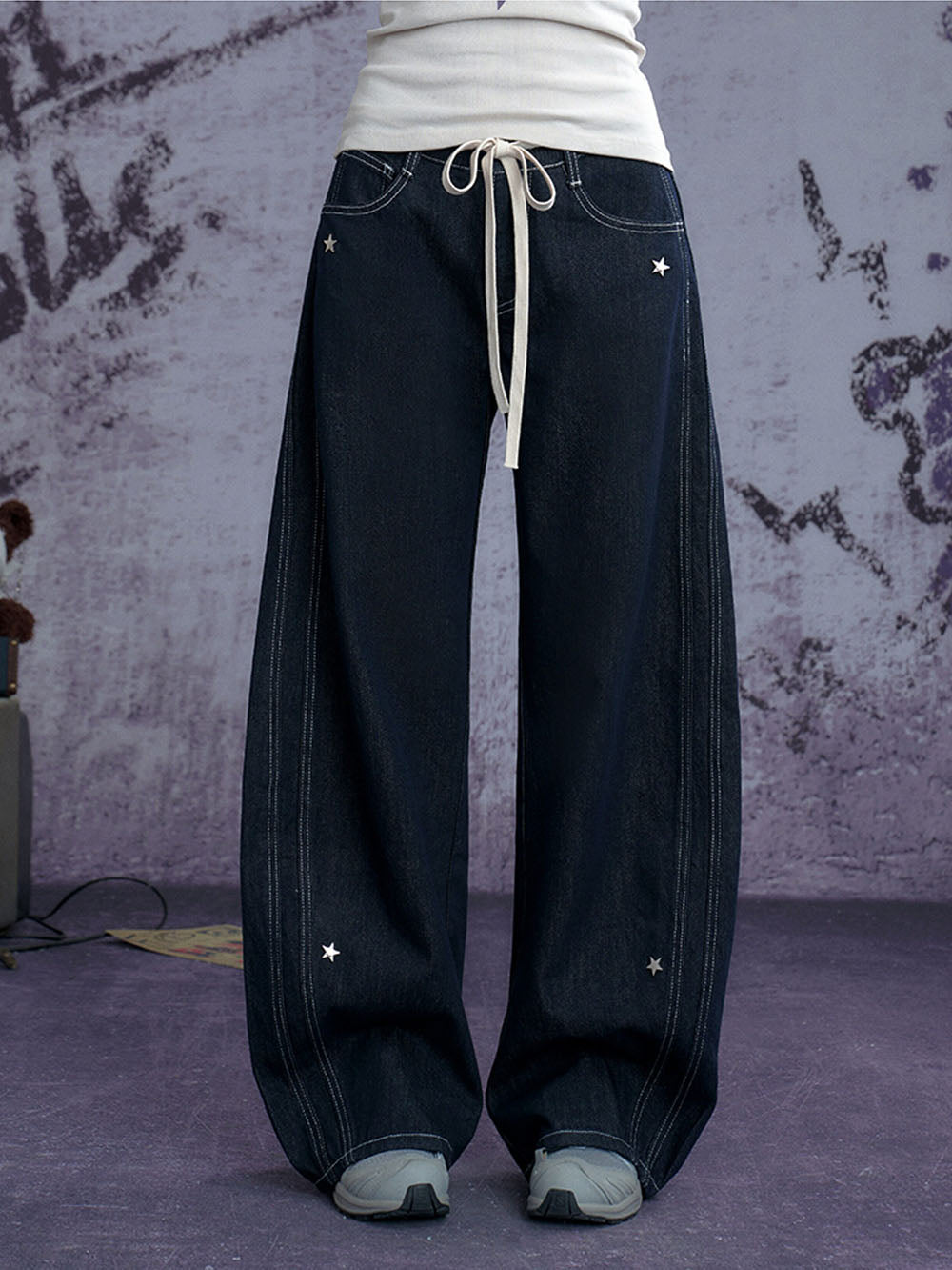 Dark Wash Star Drawstring Wide Leg Jeans