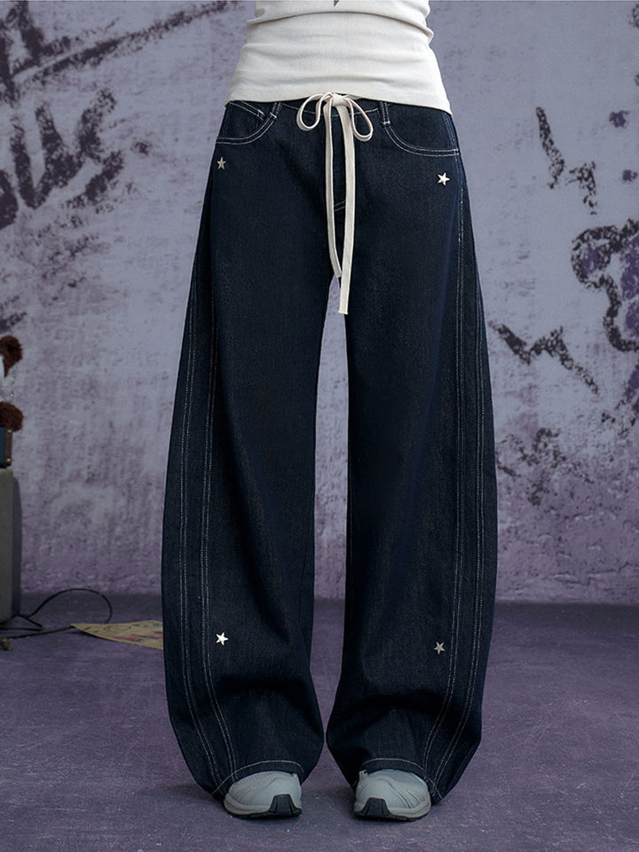 Dark Wash Star Drawstring Wide Leg Jeans