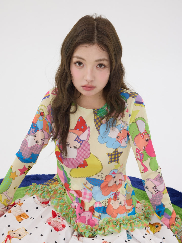 Colorful Cartoon Ruffle Layering Top