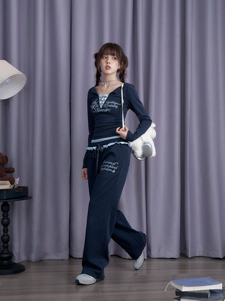 Navy Ruffle Waist Wide Leg Pants