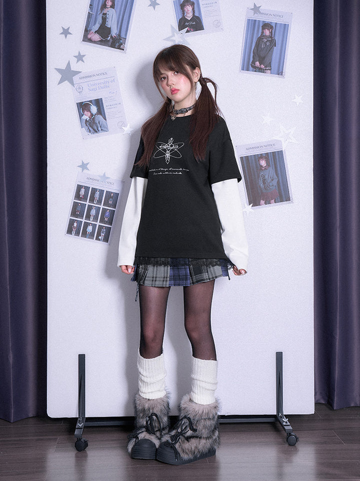 Black White Faux Two Piece Long Sleeve Casual Sweatshirt