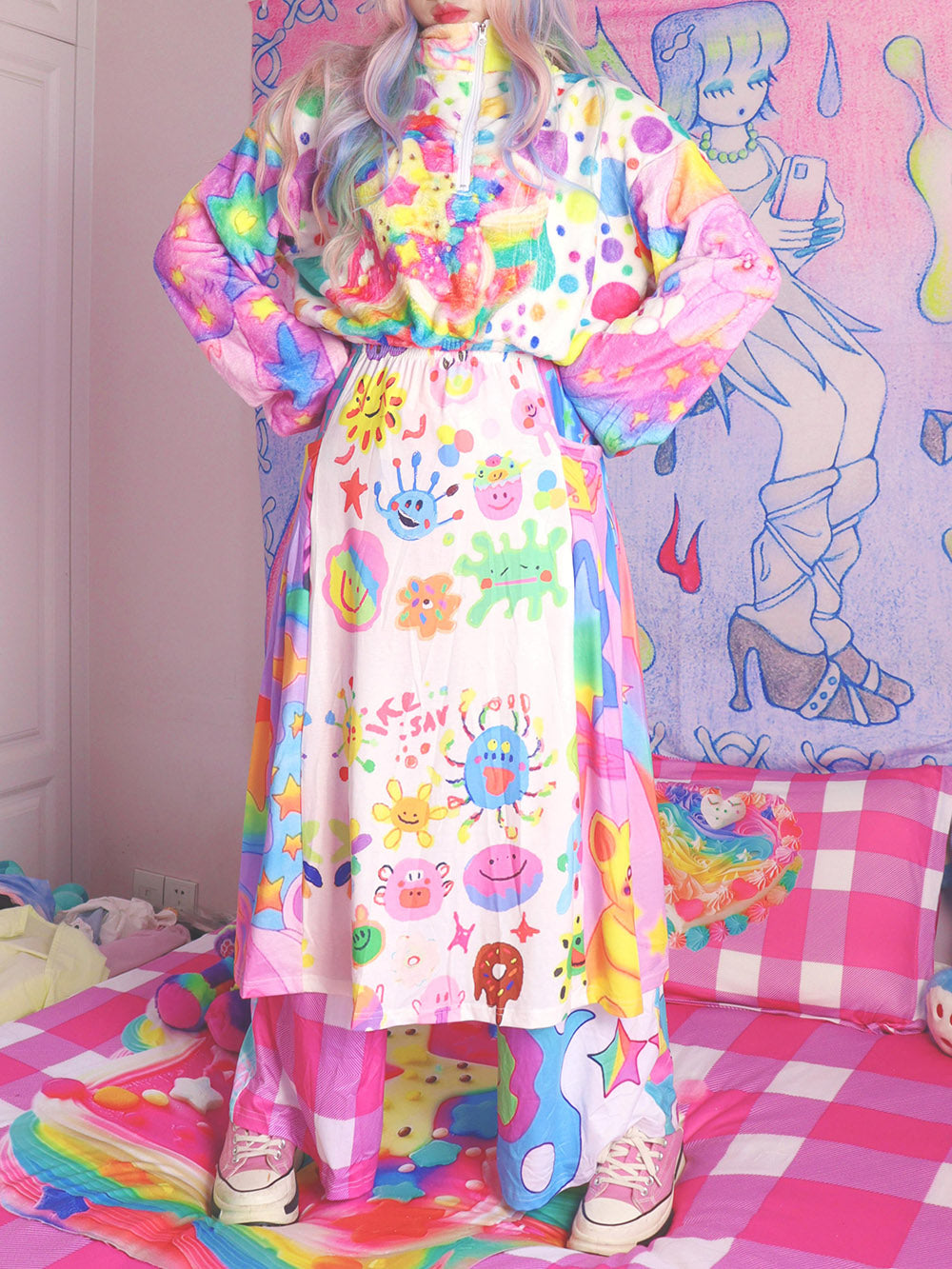 Pastel Star Print Fuzzy Half Zip Pullover