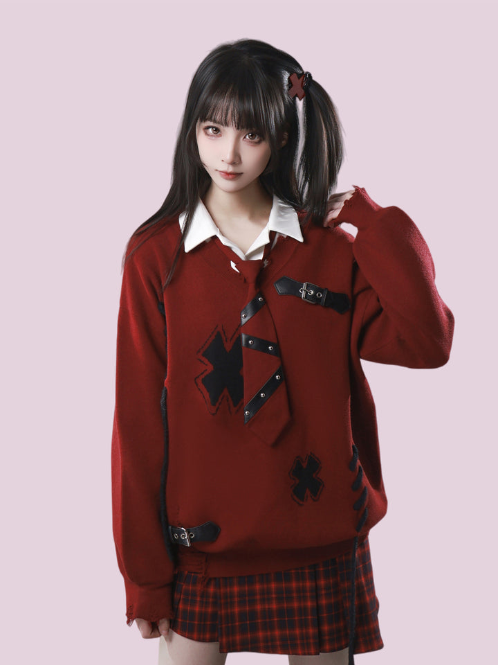 Grunge Distressed Cross Knit Sweater Set