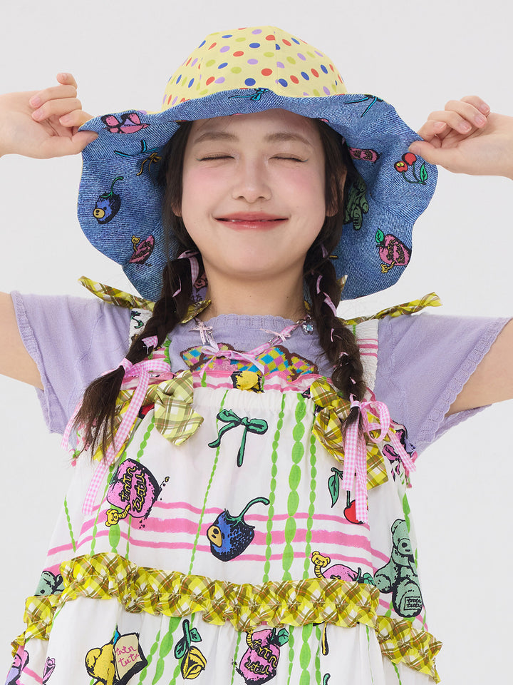 Blue Cartoon Polka Dot Wavy Bucket Hat