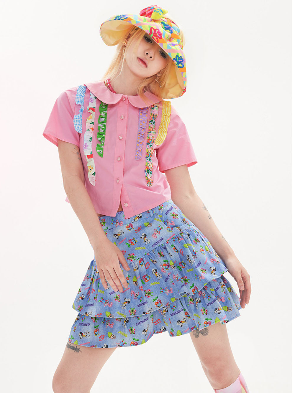 Yellow Floral Bow Wide Brim Visor