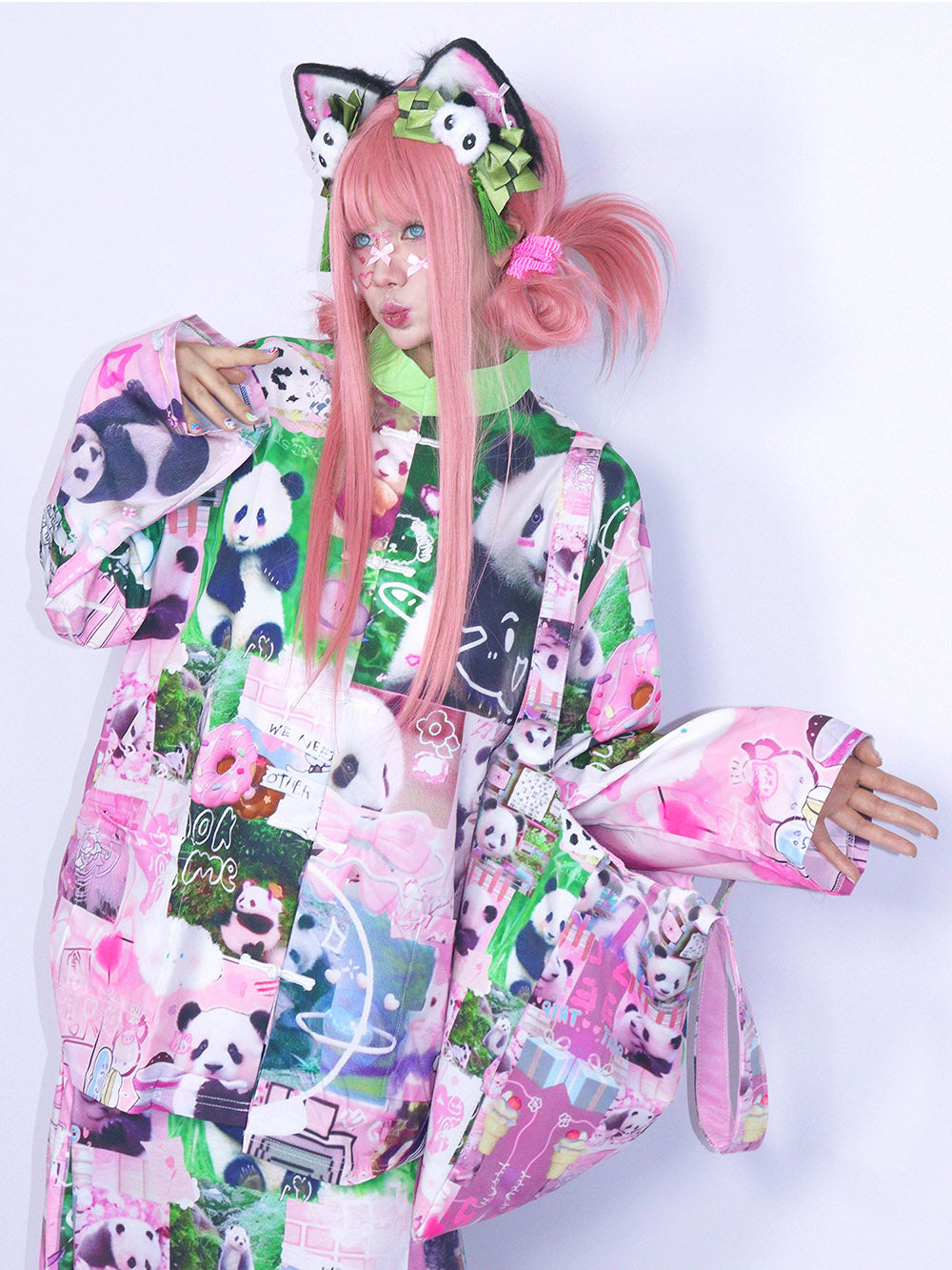 Pink Panda Collage Mandarin Collar Shirt