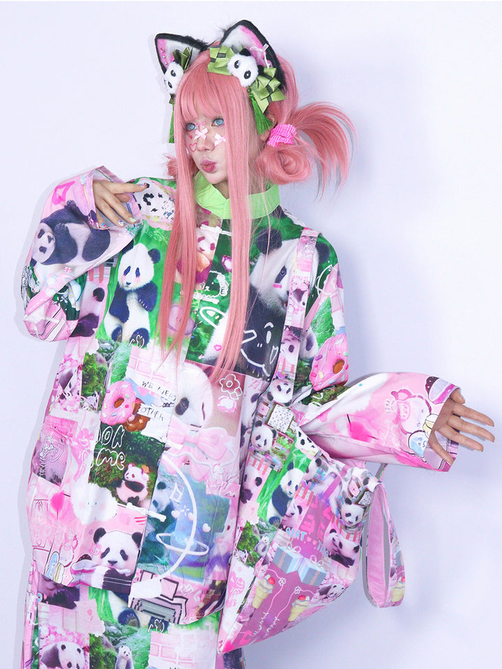 Pink Panda Collage Mandarin Collar Shirt