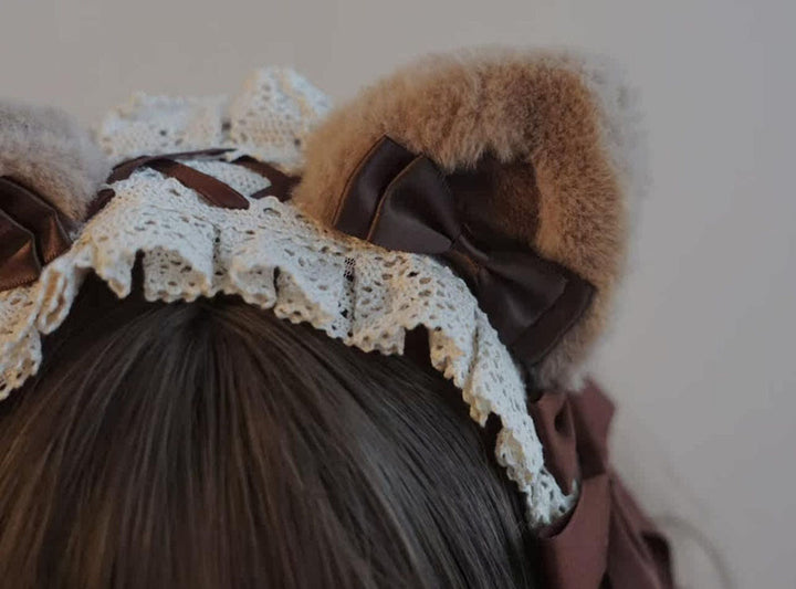 Brown Cat Ear Lace Bow Headband