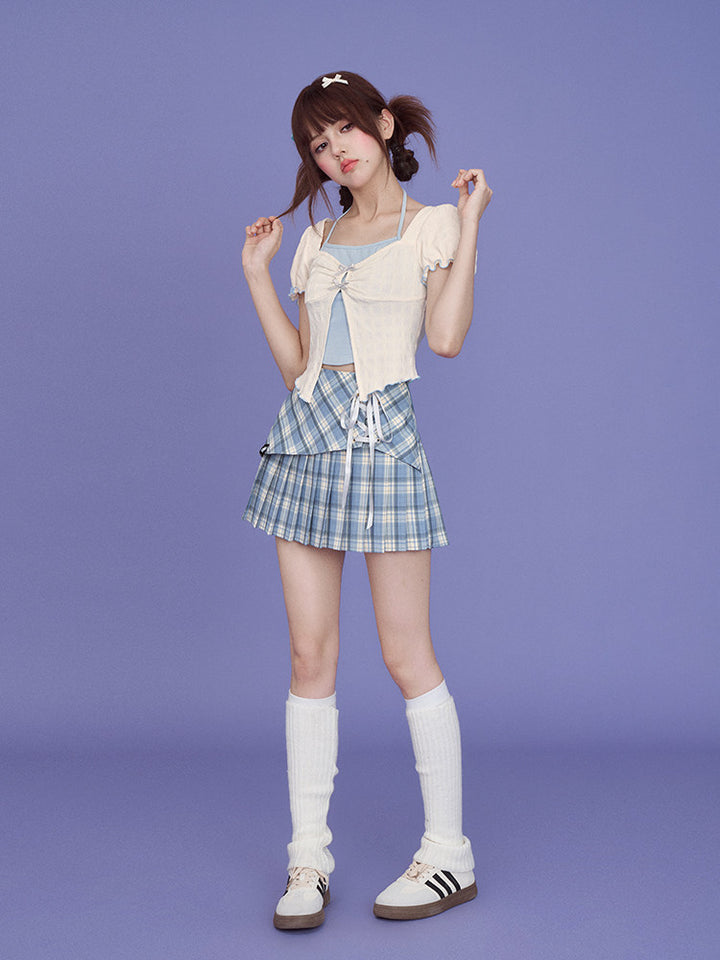 Blue Plaid Lace Up Pleated Skort