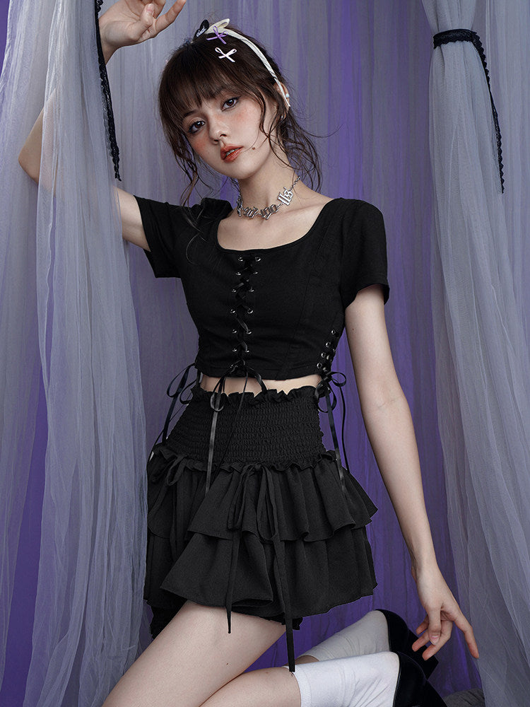 Black Smocked Waist Layered Ruffle Skort