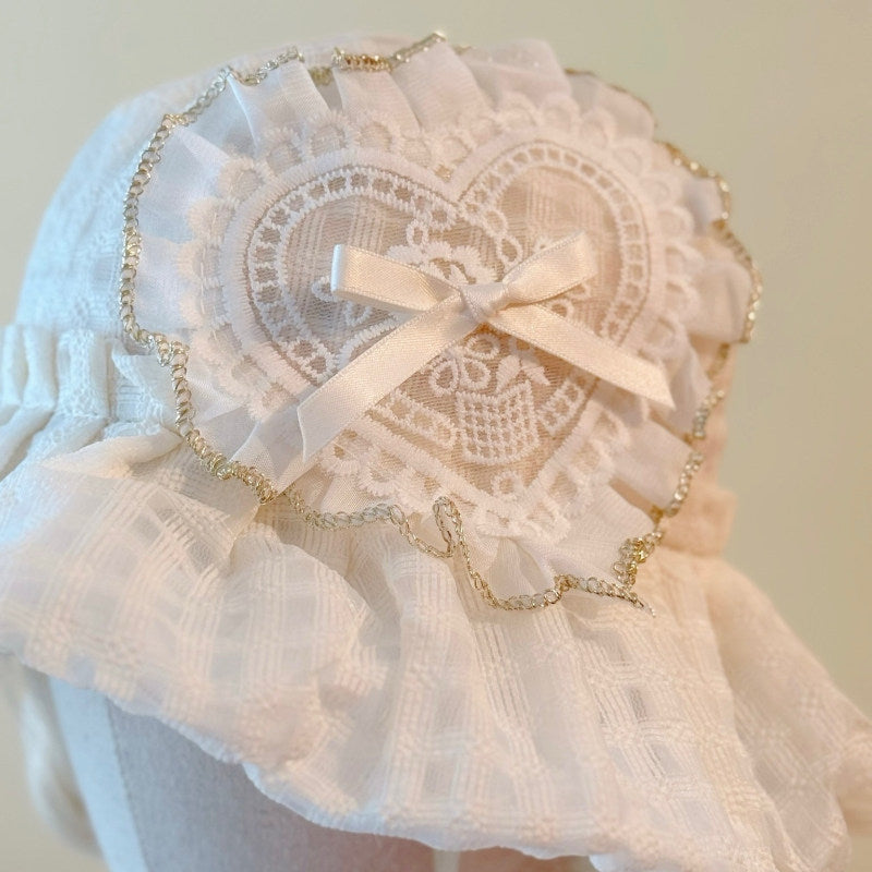 White Lace Heart Bow Ruffle Bucket Hat