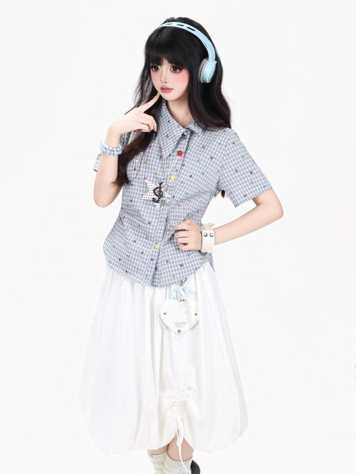 Asymmetric Plaid Ruffle Kawaii Shirt