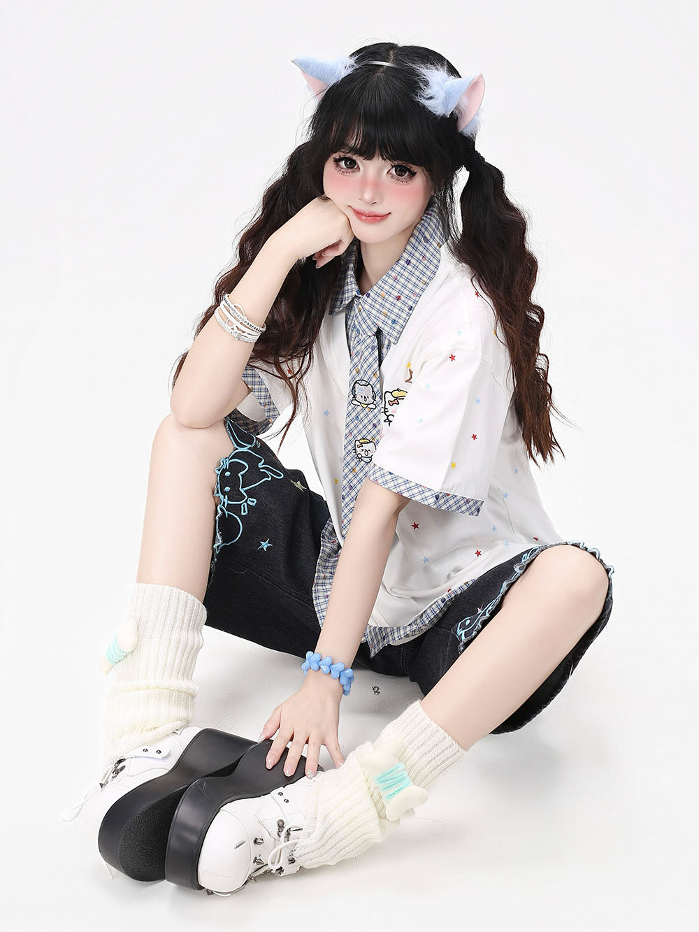 Star Print Collar Tie T Shirt