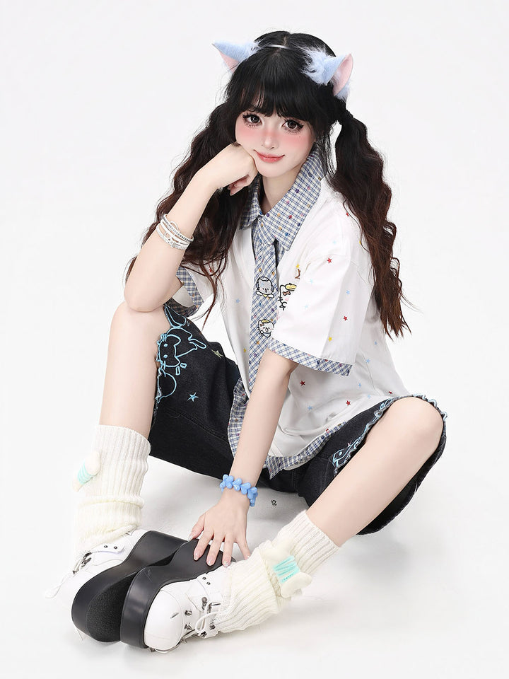 Star Print Collar Tie T Shirt
