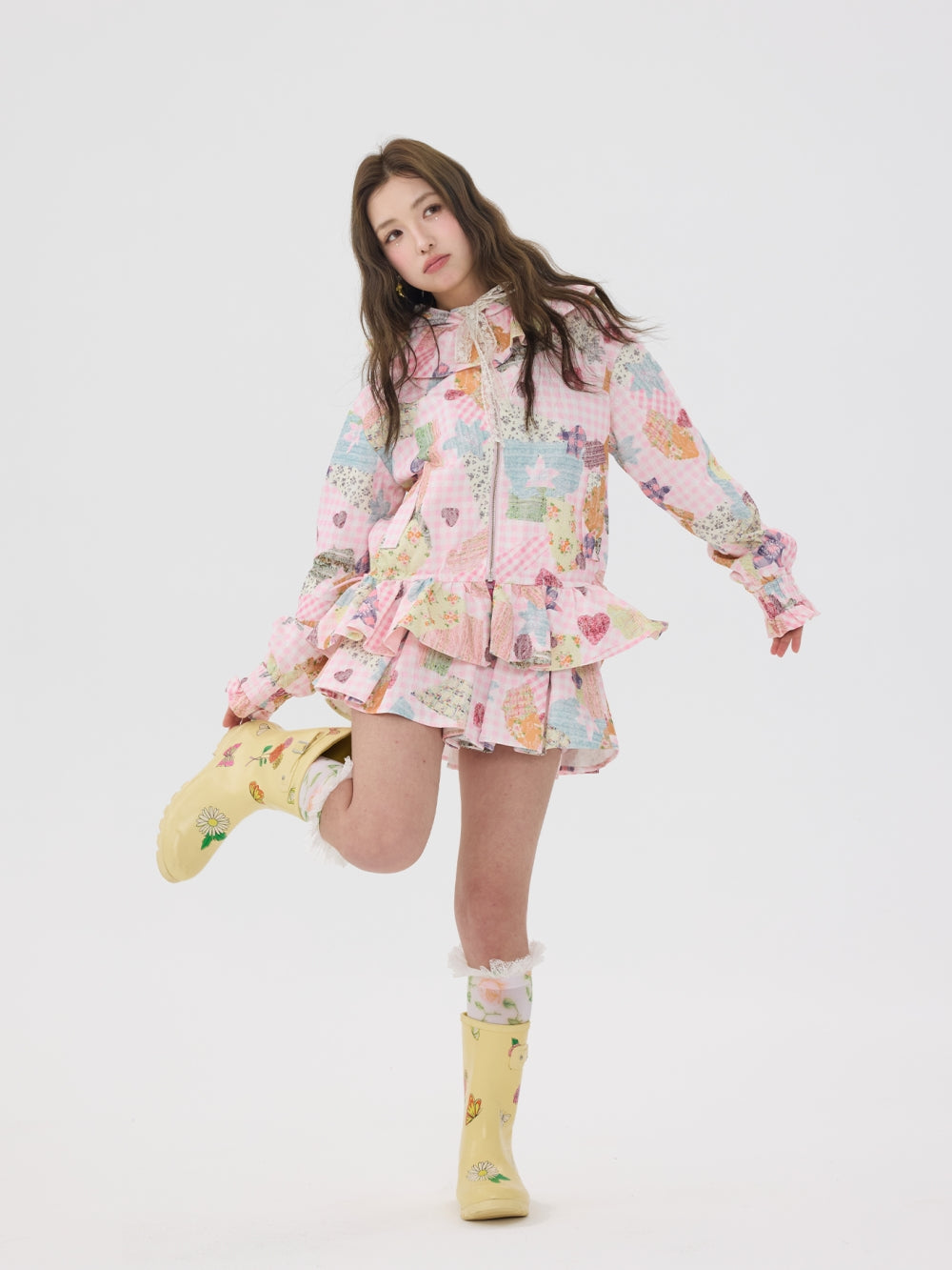 Pink Patchwork Hooded Jacket / Short Skirt