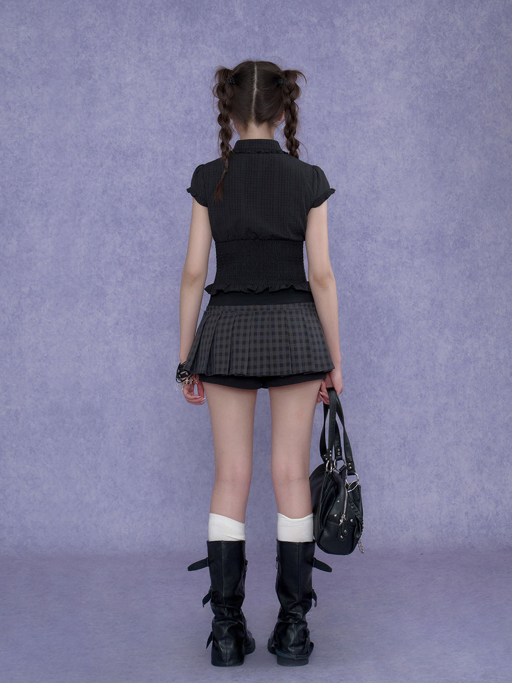 Gray Plaid Buckle Pleated Skort