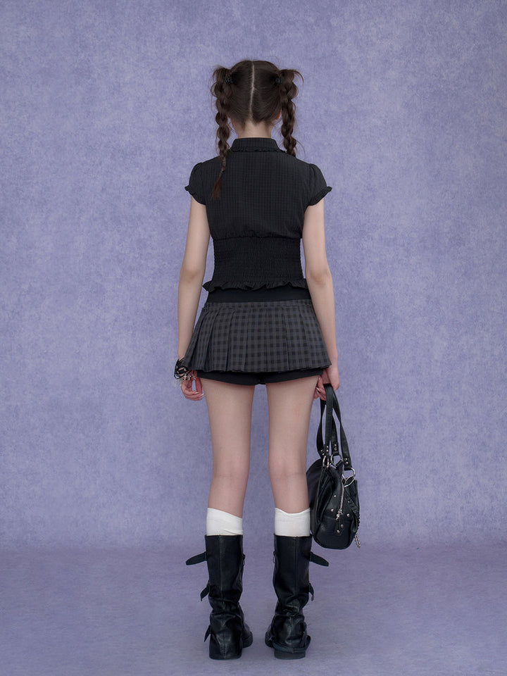 Gray Plaid Buckle Pleated Skort