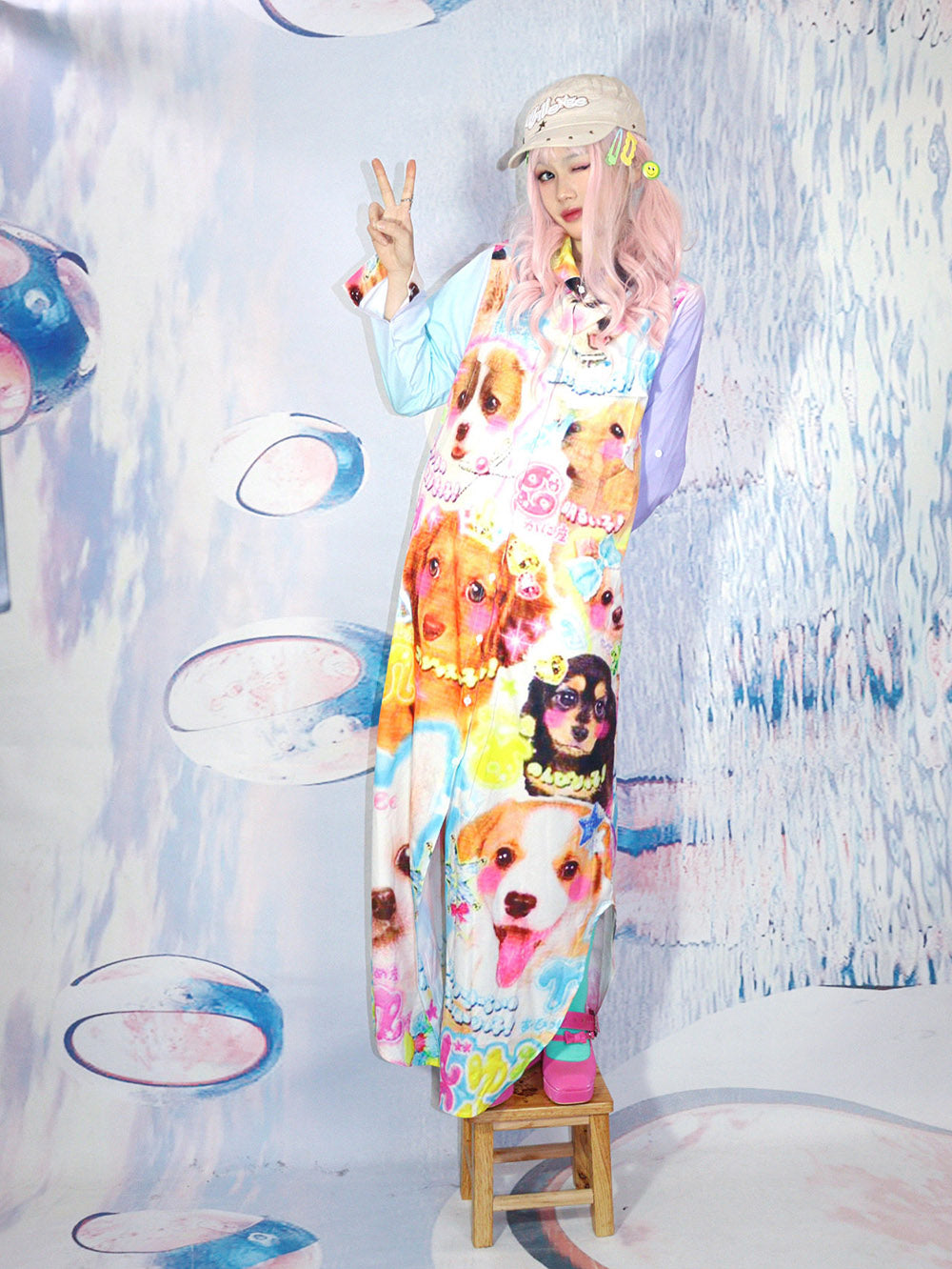 Multicolor Puppy Print Maxi Dress