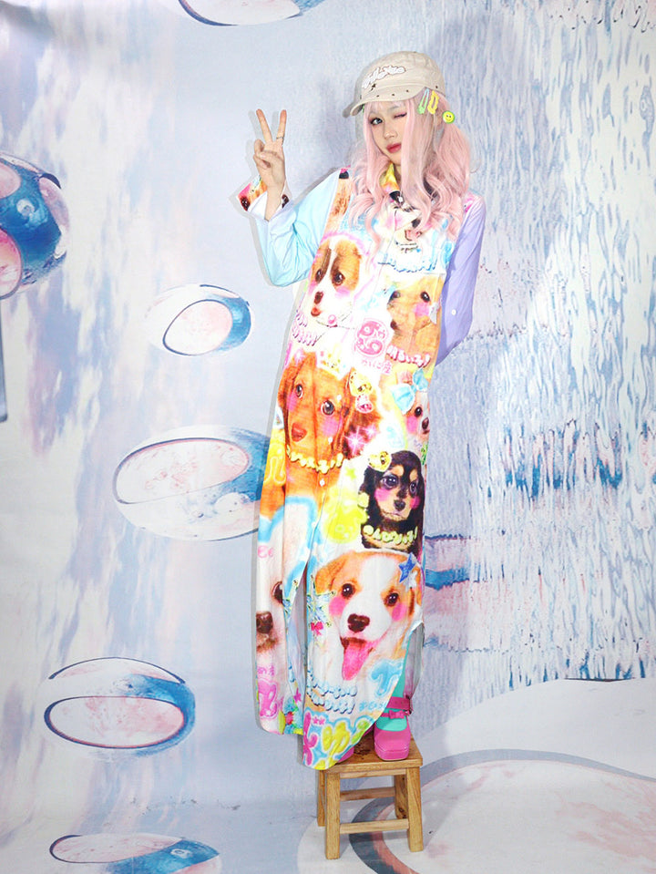 Multicolor Puppy Print Maxi Dress