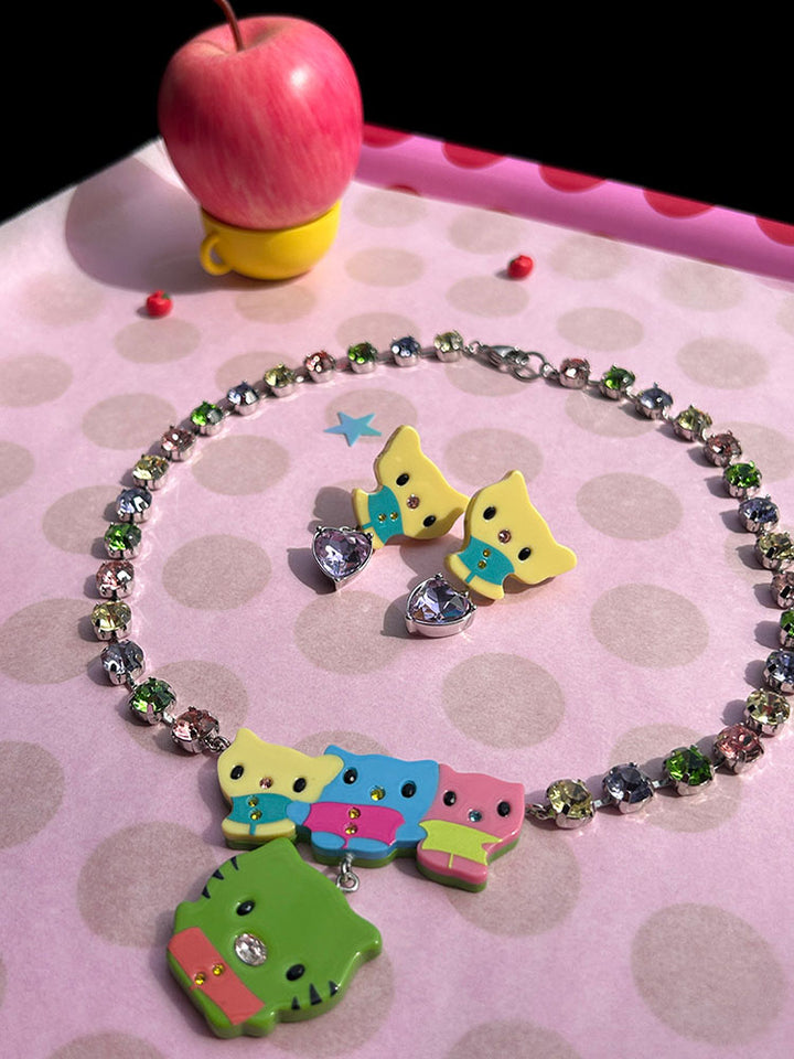 Pastel Kitty Rhinestone Necklace / Earrings
