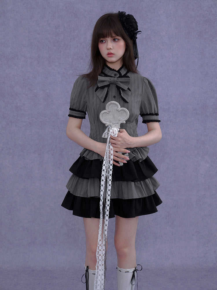 Pinstripe Tiered Ruffle Gothic Smock Dress