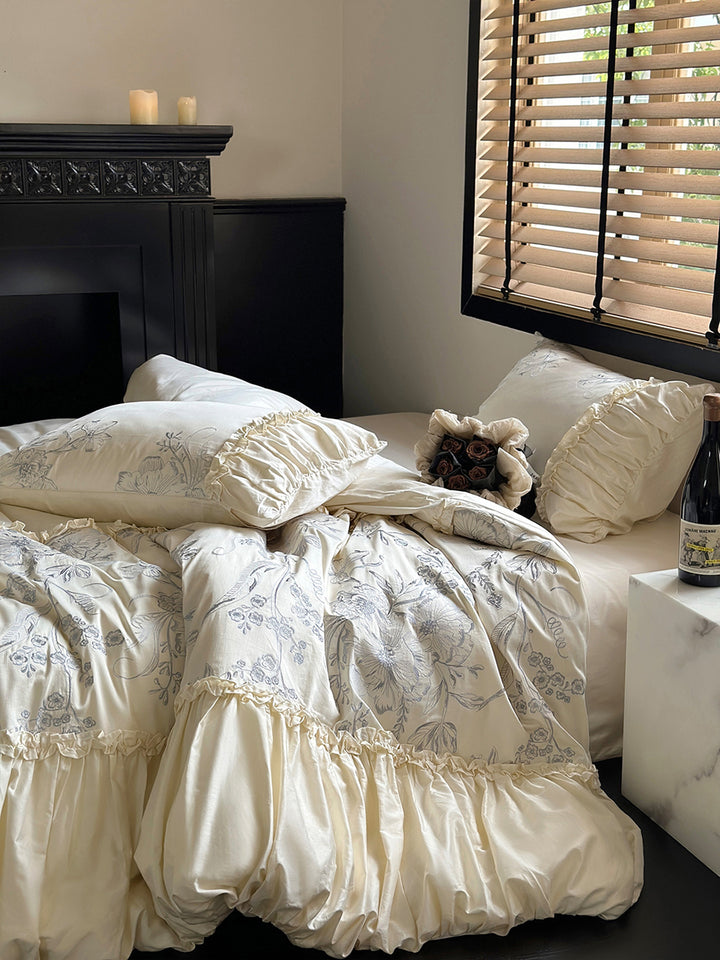 Floral Embroidery Ruffled Lace Cotton Bedding Set