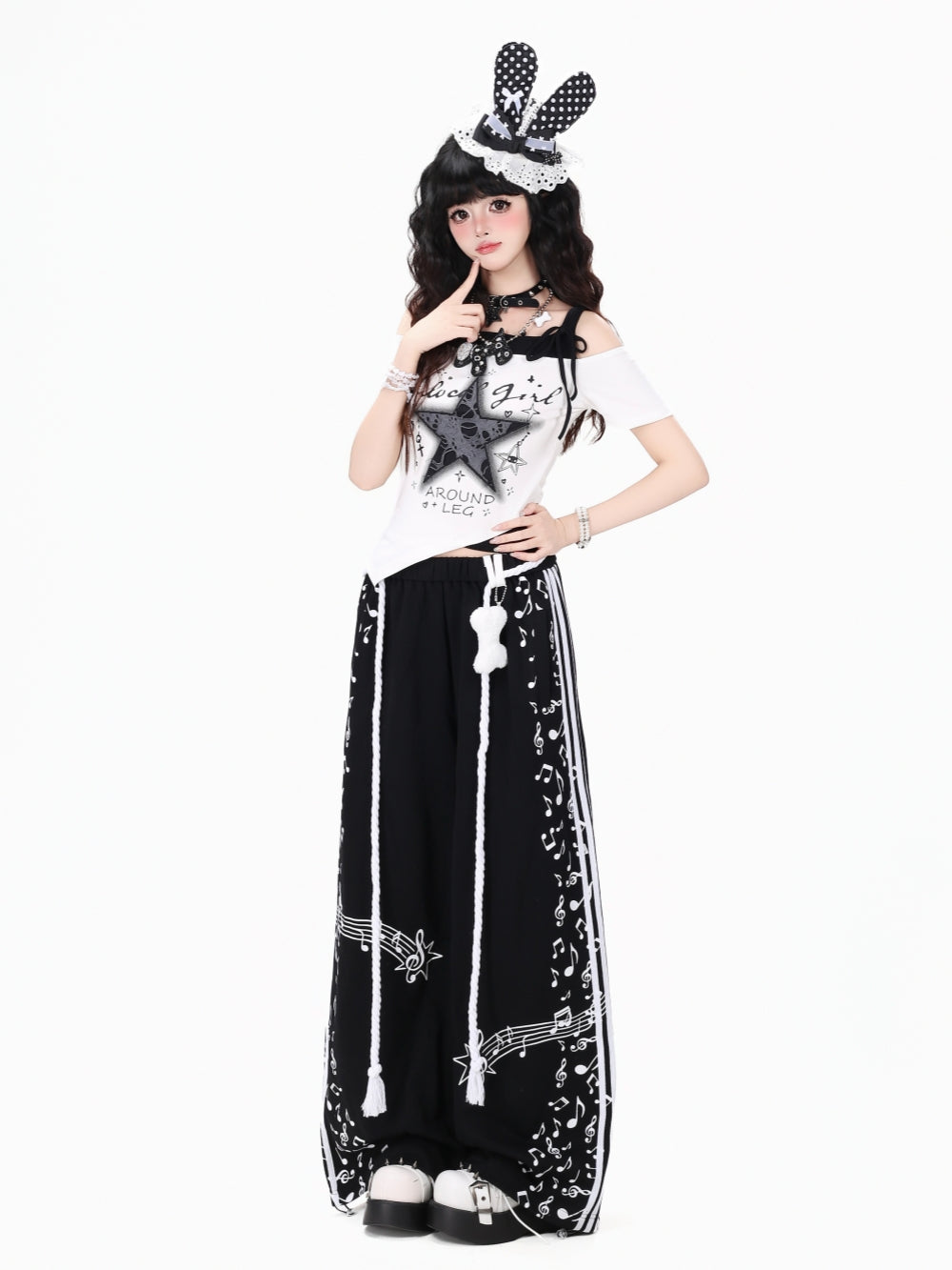 Black and White Music Note Wide Leg Pants