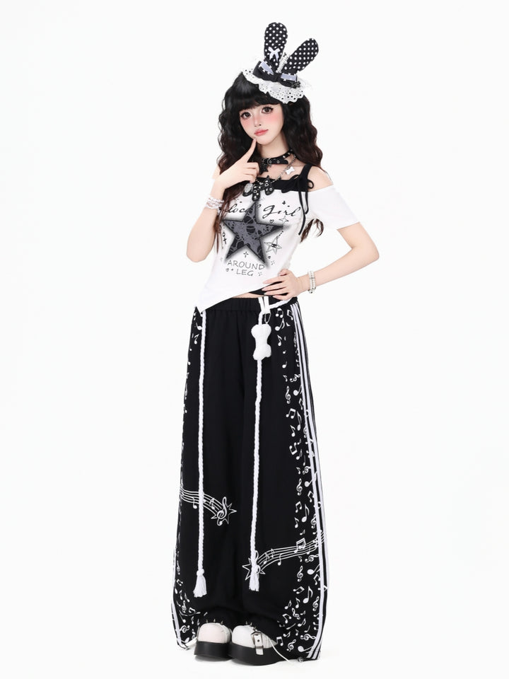 Black and White Music Note Wide Leg Pants