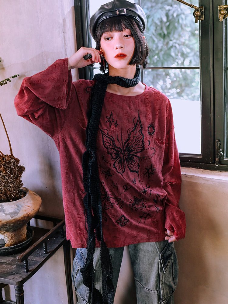 Butterfly Print Red distressed long-sleeve top