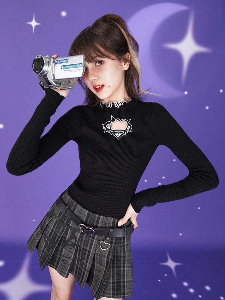 Gray Plaid Heart Belt Pleated Mini Skirt