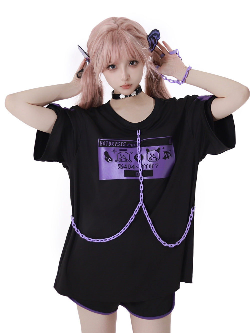 Cyber Y2K Pixel Tee Shorts Leg Warmers Hair Clip