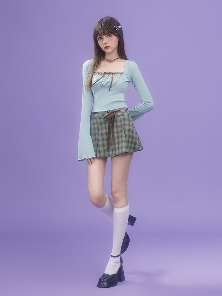 Blue Plaid Ribbon Tie Pleated Mini Skirt
