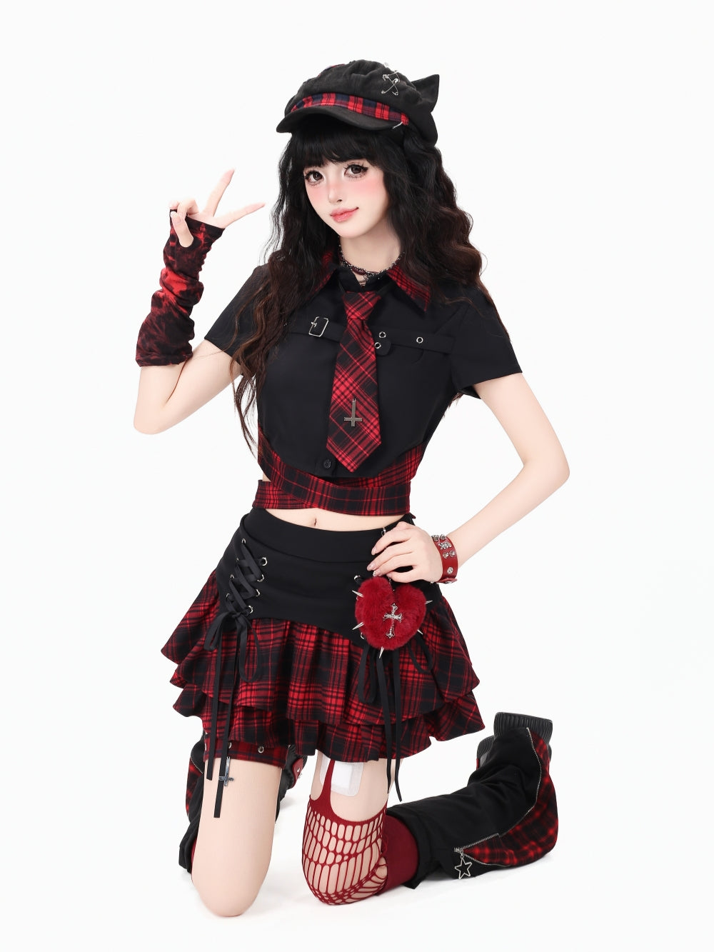Plaid Tie Crop Top Ruffle Skirt