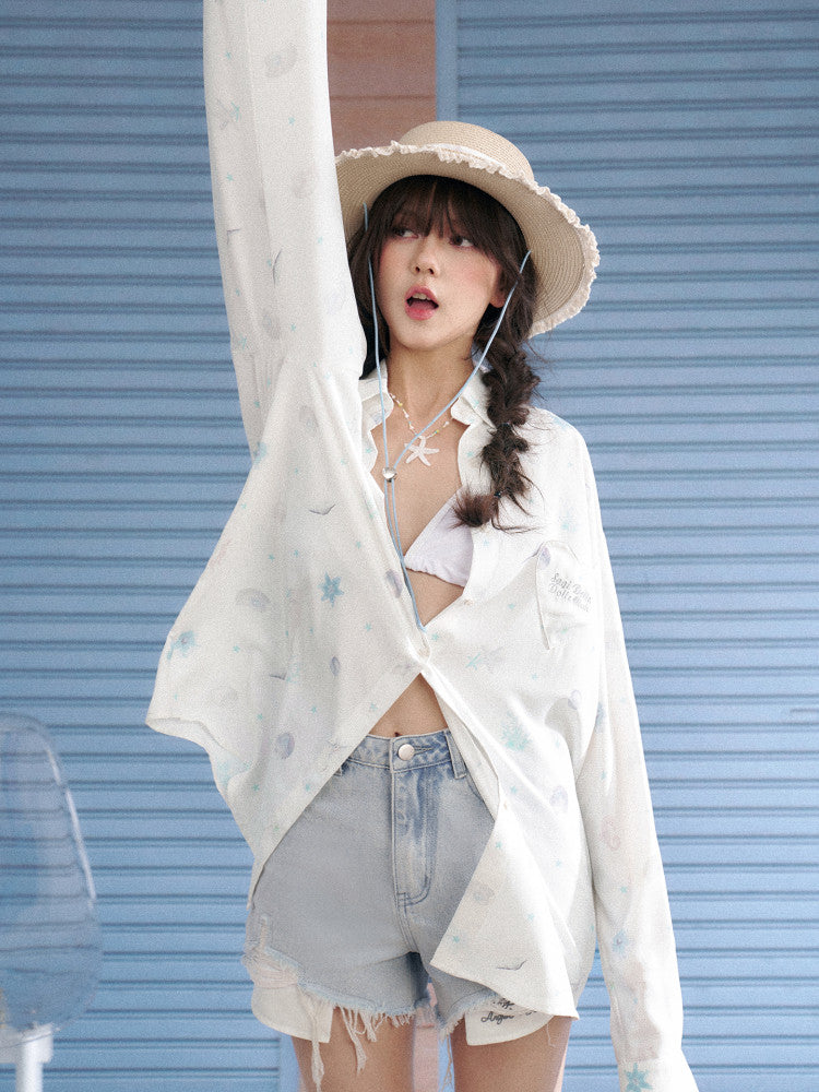 Oversized Subcul Marine Heart Pocket Long Sleeve Shirt