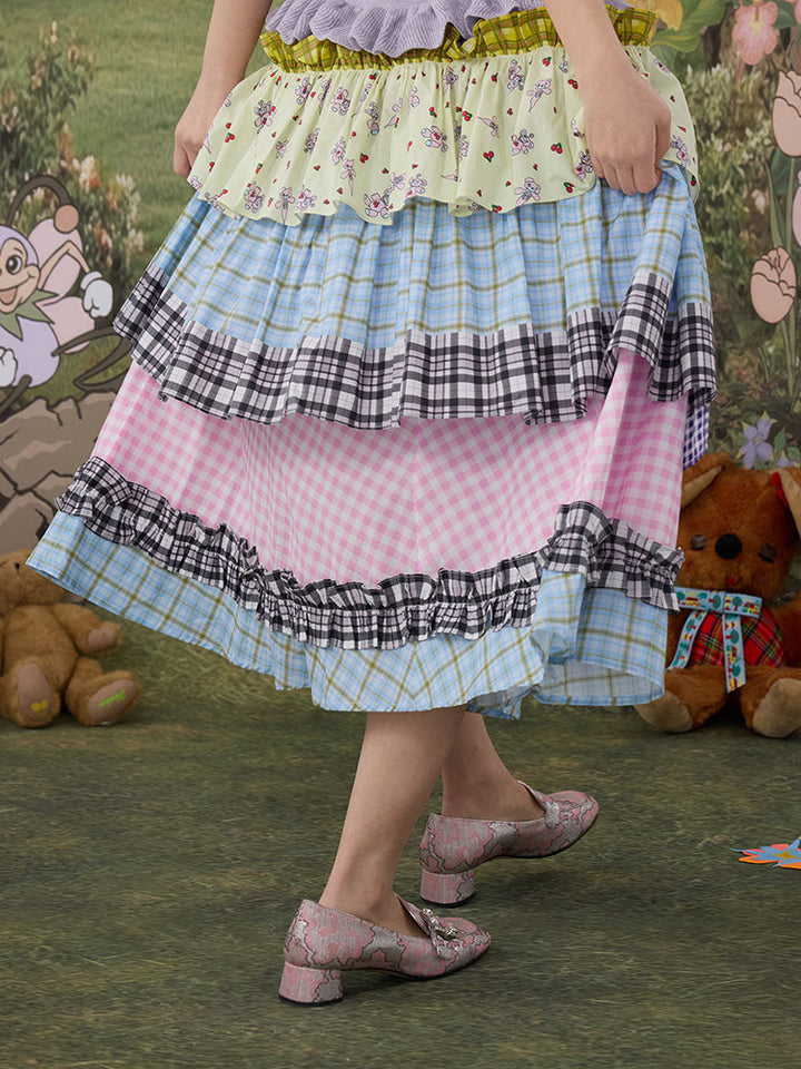 Pastel Plaid Tiered Midi Skirt