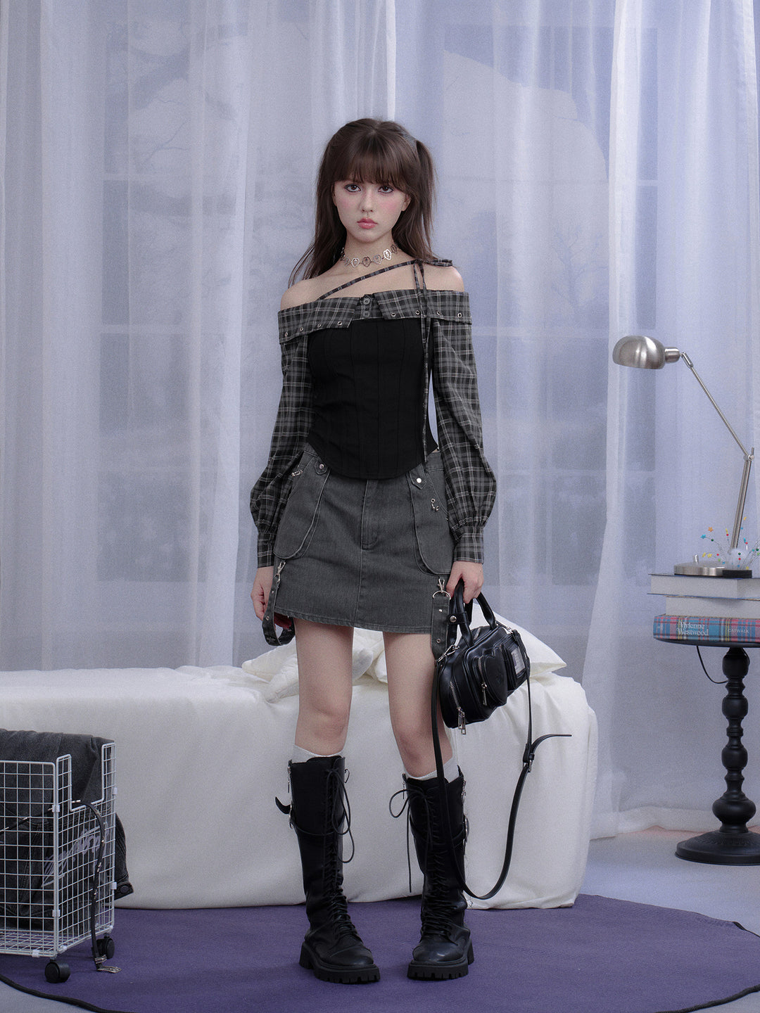 Subcul Grunge Plaid Off-Shoulder Corset Top