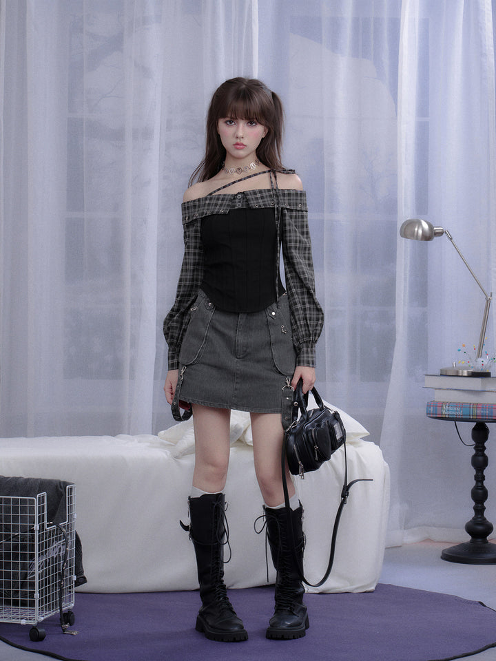 Subcul Grunge Plaid Off-Shoulder Corset Top