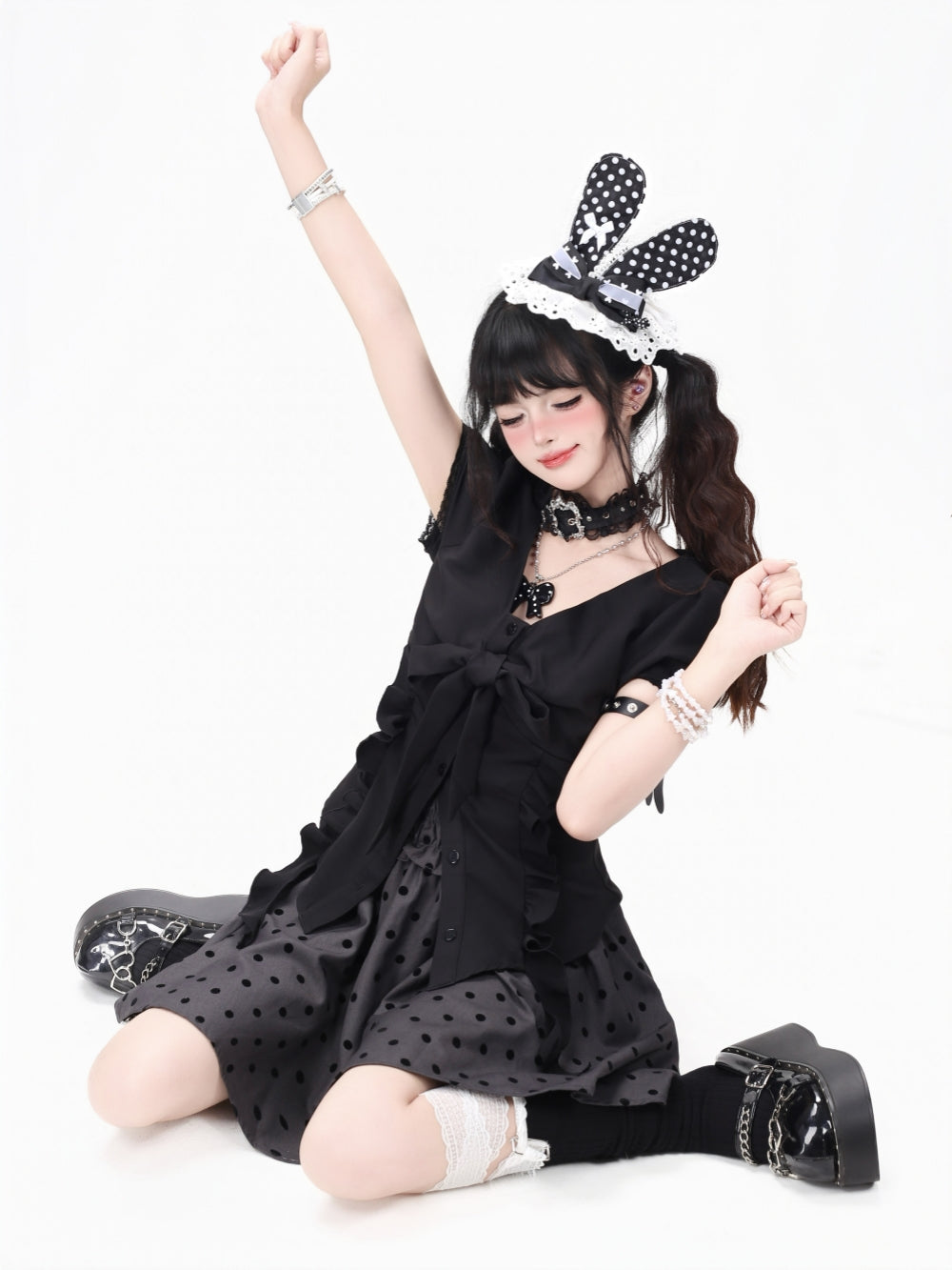 Black Polka Dot Smocked Ruffle Babydoll Top