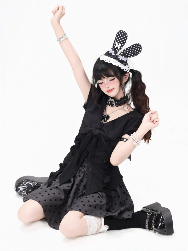 Black Polka Dot Smocked Ruffle Babydoll Top
