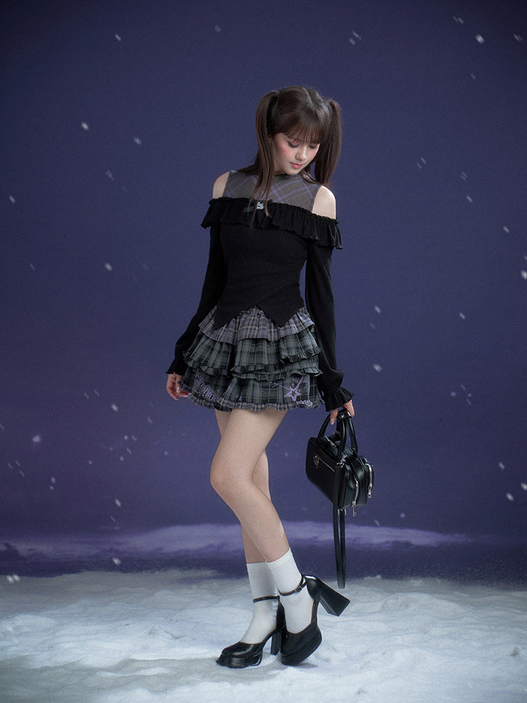 Black Purple Off-Shoulder Long Sleeve Top