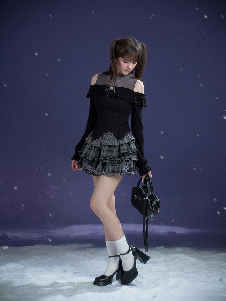 Black Purple Off-Shoulder Long Sleeve Top