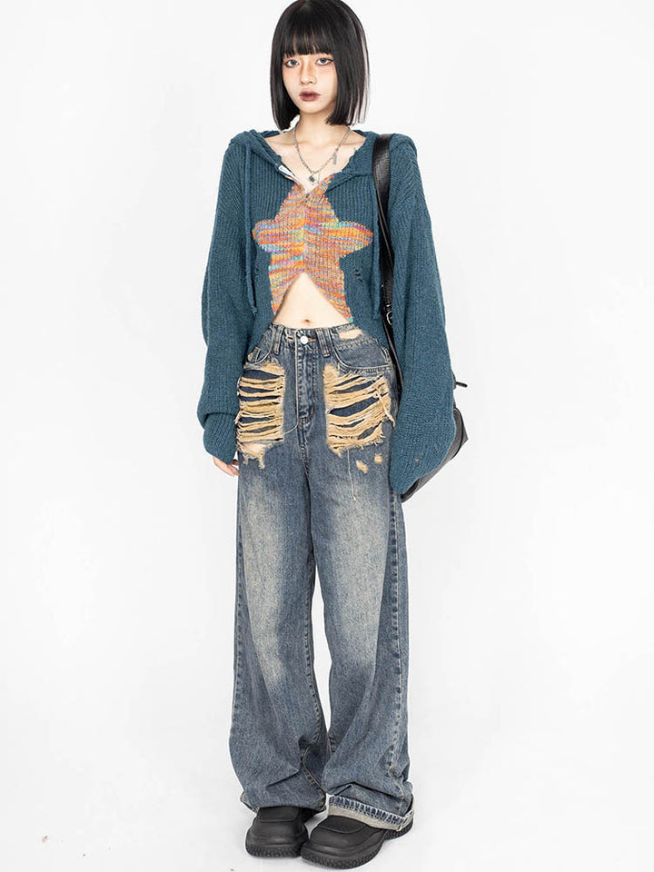 Star print hooded short sweater