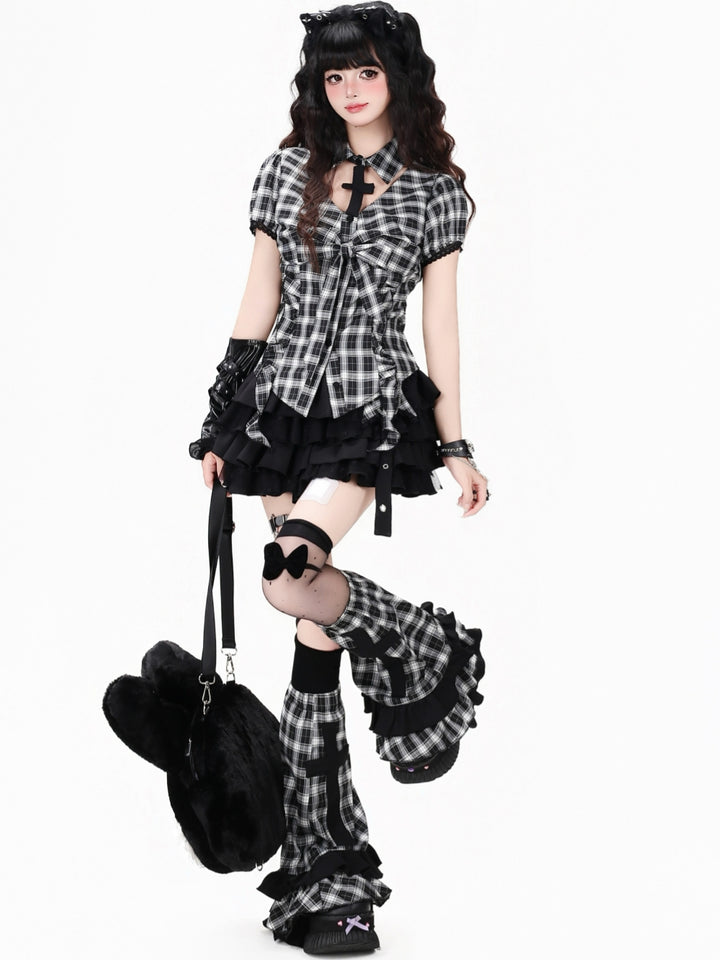 Black Plaid Cross Ruffle Leg Warmers
